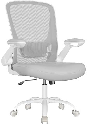 SONGMICS Bürostuhl ergonomisch, Drehstuhl mit Mesh, Lenden- und Kopfstütze, Wippfunktion, 53 cm große Sitzfläche, klappbare Armlehnen, Arbeits- und Schlafzimmer, Studenten, hellgrau OBN037G02