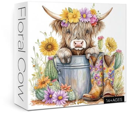 Highland Cow Sonnenblumen-Puzzle für Erwachsene, 1000 Teile, niedliches Tierblumen-Puzzle, buntes Kaktus-Blumen-Puzzle