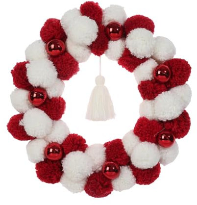 Skyrabbiter Handgemachter rot und weiß Kugelkranz, Durchmesser 40cm im Scandi-Stil, Handmade, Türkranz, Weihnachtsdeko, Frühlingsblumenkranz, Dekokranz zum Aufhängen (A)