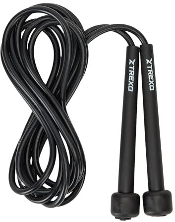 TREXO Básica Comba de Saltar Fitness en negro con longitud ajustable hasta 275 cm, cuerda de saltar ajustable, ideal para el entrenamiento, de PVC y PP con asas ajustables, ligera y cómoda