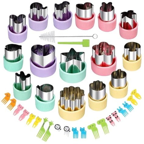 Sandwich Cutters for Kids, 38 Pack Cookie Cutters for Kids, Vegetable Cutters for Kid Set, Stainless Steel Fruit Shape Cutter Cute Fruit Mold with 20 Fruit Animal Picks for Kid Baking Tools