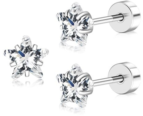 FACOKO Donna Orecchini a bottone con fondo piatto stella orecchini a bottone con zirconi cubici chiusura a vite in titanio zirconi trasparenti (CZ a stella trasparenti - 5 mm)