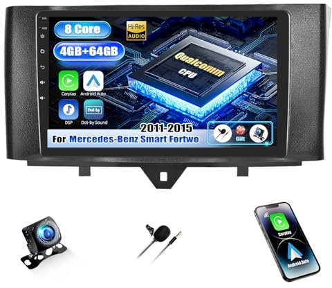 SIXWIN Qualcomm 8 Core 4+64G Android 13 Autoradio mit CarPlay/Android Auto für Mercedes-Benz Smart Fortwo 2011-2015,1280 * 720,HD 9 Zoll Touchscreen mit WiFi GPS Bluetooth DSP FM/RDS+Rückfahrkamera