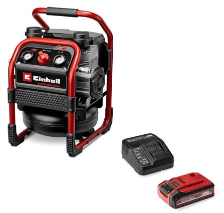 Einhell Professional Compresseur sans fil SILENZZO 18/160 Power X-Change (18V, 8 bar max., cuve de 6 l, capacité de pompage 160 l/min, manomètres, très silencieux) avec Batterie 4,0Ah PLUS et Chargeur
