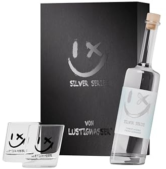 LUSTIGWASSER® SILVER SERIES Vodka GESCHENKSET · Edler deutscher Premium-Vodka aus Winterweizen & feinstem Schwarzwälder Wasser · 0,7 L, 40 % Vol · Holzschatulle inkl. 2 Gläser · Stilvolle Geschenkidee