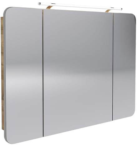 BadeDu NES LED-Spiegelschrank 110cm in Braun – 3 Türen, 6 Glaseinlegeböden, Drehbare LED-Aufsatzleuchte, AST Eiche Holzoptik – Made in Germany