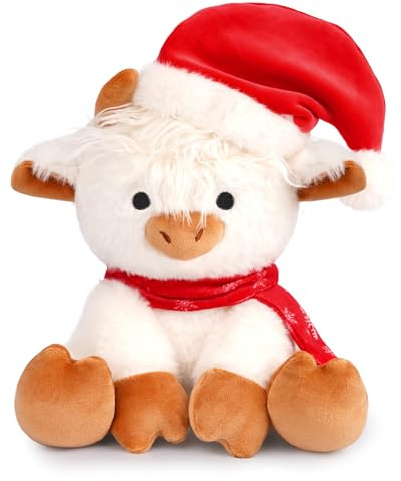 MUFEIRUO Highland Cow,Weihnachts Stofftiere,Hochlandkuh mit Weihnachtsmütze,Weiß Hochlandkuh Plüschtier Highland Cow Kuscheltier Plüsch, Kinder, Jungen und Mädchen