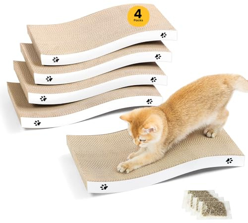 Katzen Kratzbrett aus Pappe – Kratzbretter Katze mit Wellenform, langlebige Kratzmatte als Möbelschutz für Sofa & Ecke, umkehrbare Kratzpappe für Wohnungskatzen (4er-Pack)