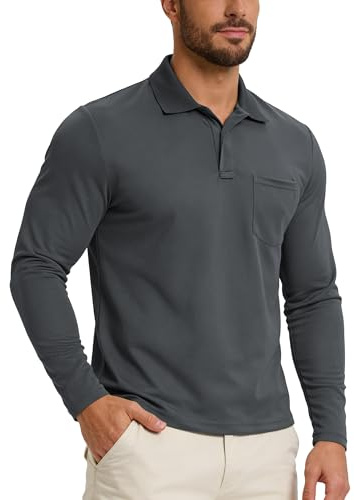 33,000ft Men's Long Sleeve UPF50+ Breathable Quick-Dry Golf Polo | 4-Way Stretch, 1 Chest Pocket, Hanging Loop, Moisture-Wicking, Lightweight, for Golf Hiking Casual Work
