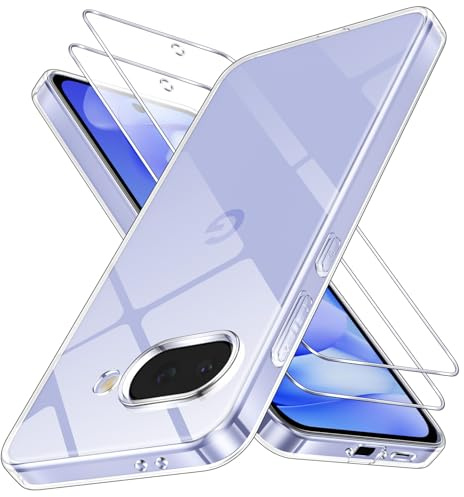 Oelrstfe Funda para Google Pixel 9A con 2 Piezas Vidrio Templado, Ultra Transparente Gel Silicona TPU Suave Carcasa, A Prueba Golpes Anti-Amarillo Parachoques Protector Case