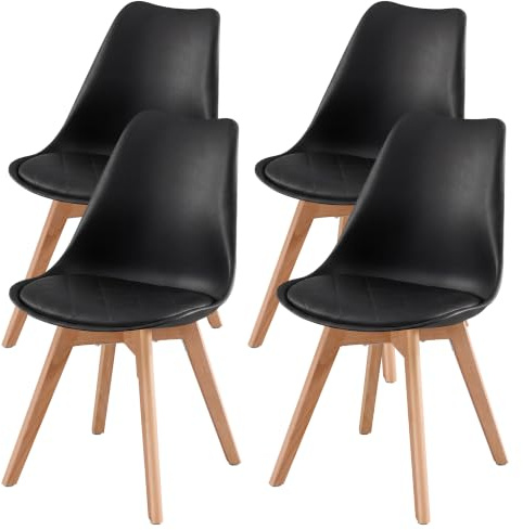 VASAGLE Esszimmerstühle aus PU-Leder und Buchenholz, Gepolsterte Küchenstühle, 4er Set, 46,5 x 57 x 79 cm, Schwarz, für Esszimmer und Büro, Lenna Kollektion KDC888BH01