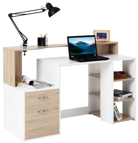HOMCOM Computer Desk PC Table Modern Home Office Writing Workstation Furniture Printer Shelf Rack w/Storage Drawer & Shelves (Oak and white)