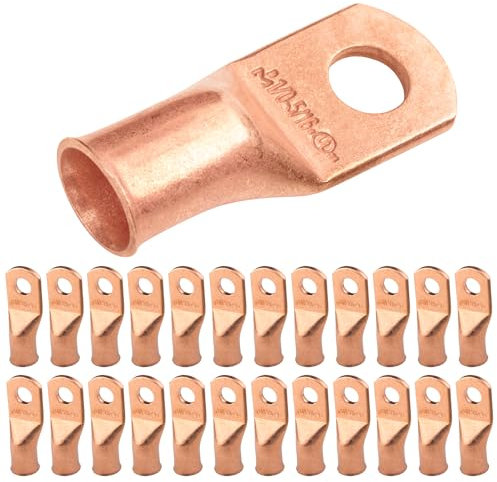 SELTERM 1/0 AWG (50 mm²) - 5/16 (M8) ⌀ Hole UL Heavy Duty Wire Lugs, Battery Cable Ends, Bare Copper Eyelets, Tubular Ring Terminal Connectors [B65] - 25 Pack