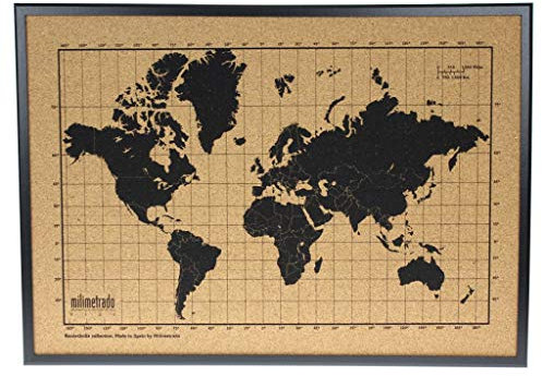 World map Made of Cork, Wall Frame, Black Wooden Frame, World map for Marking Travel, Cork Plate, Original Gifts for Travellers, Designed and Made in Spain by Millimetrad