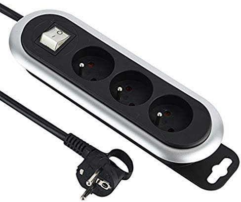 Electraline 30931 Bloc 3 Prises, enrouleur de câble, avec interrupteur et fiche plate. Rallonge Multiprise 3 m. , Noir
