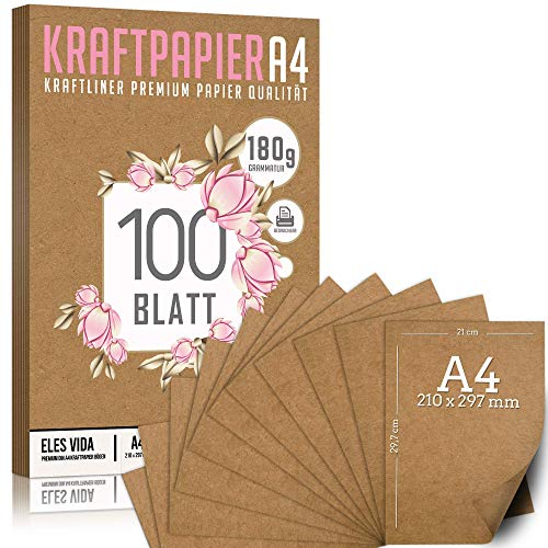 100 Blatt Kraftpapier A4 Set - 180 g - 21 x 29,7 cm - DIN Format - Bastelpapier & Naturkarton Pappe Blätter aus Kraftkarton zum Drucken, Kartonpapier Basteln für Vintage Hochzeit Geschenke Etiketten