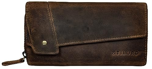 STILORD 'Sophia' Portemonnaie Damen Leder RFID NFC Schutz Vintage Geldbörse Groß Geldbeutel mit Reißverschluss und Ausleseschutz in Geschenkbox, Farbe:Sepia - braun Plain