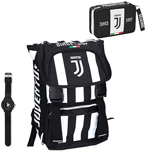 Juventus Schoolpack 2019/2020 Zaino Seven Estendibile con Astuccio 3 Zip Completo di Cancelleria e Orologio in Omaggio - 100% originale - 100% Prodotto Ufficiale