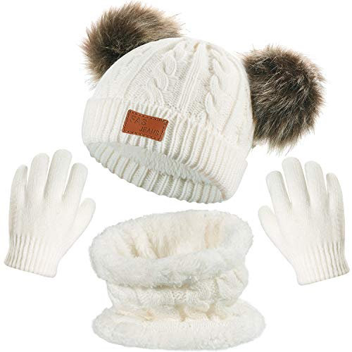 SATINIOR 3 Stück Baby Winter Warm Set Cap mit Doppel Pom Kinder Strickschal Handschuhe (Weiß)