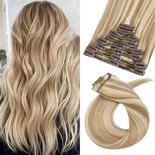 TESS Clip in Extensions Echthaar Blond 60 cm, Remy Hair 8 Tressen Hair Extensions Clip in Glatt 170g Extensions Clip in Lang Haarverlängerung Doppelt Tressen (60 cm-#012/613 Hellbraun/Lichtblond)