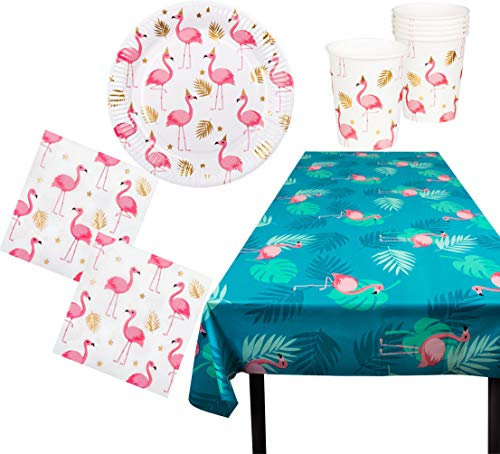 Karneval-Klamotten Flamingo Party Set Sommer Tisch-Dekoartion Geschirr 41 Teile : Teller, Becher, Servietten, Tischdecke