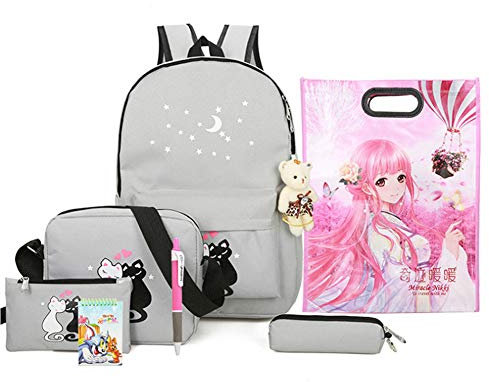 NANANA Kinder Schulranzen Set mit 8 Stück Rucksack Schultertasche Stiftehalter für Mädchen Schulrucksack Schultasche Teenager Schulebag Studenten, 42x30x12 cm,Grau