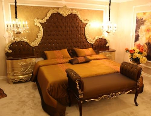 Casa Padrino Luxus Barock Schlafzimmer Set Braun/Creme/Gold - 1 Doppelbett mit Kopfteil & 2 Nachttische & 1 Sitzbank - Barock Schlafzimmer Möbel - Edel & Prunkvoll