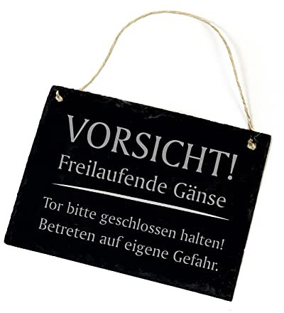 Schiefertafel Schild - Vorsicht! Freilaufende Gänse - Schiefer Warnschild 22x16cm