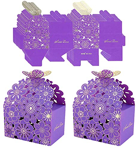 Geschenkschachtel Papier Klein, 50 Pcs Hochzeit Geschenkbox für Gäste, Schmetterling Hochzeit Geschenkbox, Geschenkboxen Lila, Papier Süßigkeiten Kasten für Hochzeits Party Weihnachten, 7*6,5*8,5 cm