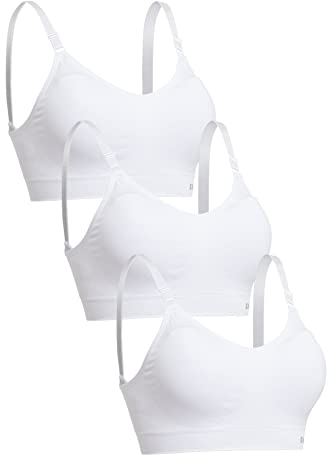 Channo Damen Sport-BH ohne Bügel aus Nylon: Nahtloser, Gepolsterter BH mit Herausnehmbaren Pads – Für Fitness & Alltag - Packung mit 3, Weiß, L/XL