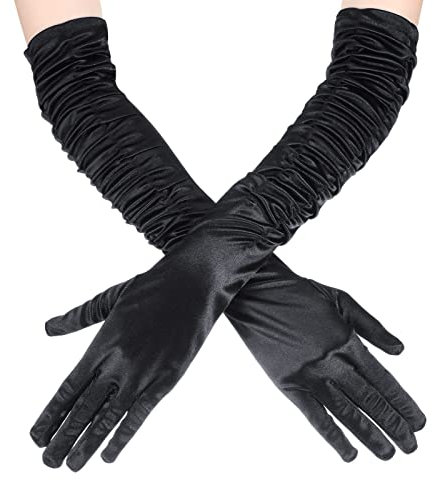 20s Halloween Long Ruched Satin Gloves Opera Gloves Long Ladies Evening Gloves Women Satin Elbow Gloves Halloween Costume Gloves Pleated Black Gloves for Bridal Fancy Dress Costume Wedding Prom