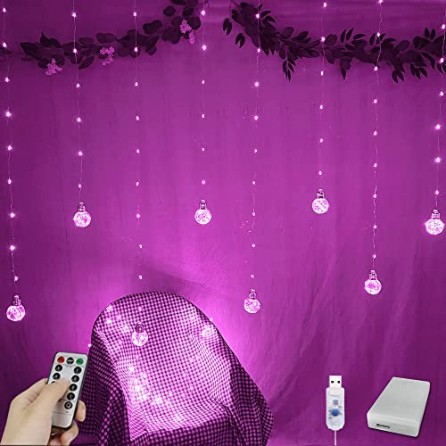 YOLIGHT Wishing Ball Curtain Lights 200 LED Window Curtain Lights with Remote, USB Battery Powered Twinkle Globe Fairy Lights for Wedding Party Bedroom Christmas Decoration (Pink)