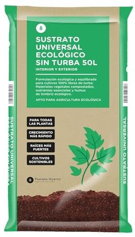 PLANETA HUERTO | Sustrato Universal Sin Turba ECO 50 L, Tierra Ecológica para Plantas de Interior y Exterior, con Humus de Lombriz - Sustrato Universal Ideal para Huerto Urbano y Jardinería Sostenible