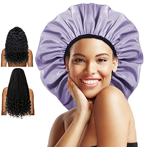 Auban Extra Large Shower Cap, Double-Layer Waterproof Reusable Satin Lining Shower Bonnet for Women Long Hair, Braids, Locs, perms (Purple)