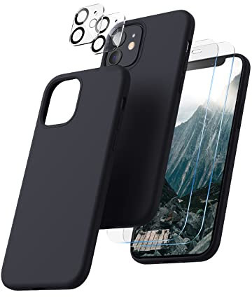 CALOOP 5 in 1 Designed for iPhone 12 Case and iPhone 12 Pro Case 6.1, with 2 Pack Screen Protector & 2 Pack Camera Lens Protector, Soft Liquid Silicone Gel Slim Shockproof Cover, Black