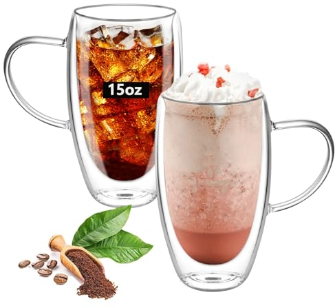 2 Pack Double Walled Coffee Mugs, 450ML High-Capacity Latte Cups with Handles, Dishwasher Safe, Tea Cappuccino Milk Coffee Glass Cup, for Hotel, Cafe, Family, Party