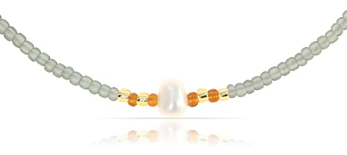 Made by Nami Designer Perlen-Choker • Damen Halskette mit Süßwasserperlen • Filigranes Perlenhalsband • Perlen-Kette Wasserfest • Handmade Strand & Surfer Schmuck (Grey Single Pearl)
