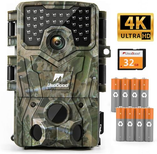 usogood 4K Fototrappola, Fotocamera da Caccia con Visione Infrarossi, Sensore di Movimento 120°, Impermeabile IP66, Cattura Fauna Selvatica Include Batterie AA e Memoria 32GB