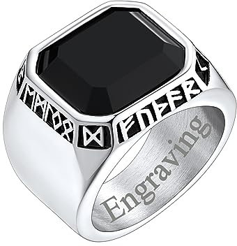 FaithHeart Silberring mit Synthetischer Onyx für Herren, Personalisierter Siegelring mit Schwarz Onyx Stein, Wikinger Rune Fingerring für Geburtstag Weihnachten