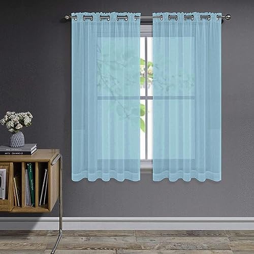 Joydeco Gardinen mit Ösen Transparente 2er Set, Optik Gardine Voile Ösenvorhang Ösenschal Durchsichtig Vorhang Kurz für Schlafzimmer Wohnzimmer Schlaufenschal (2xH160xB140, Ozeanblau)