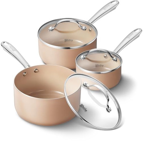 HLAFRG 1+2+3QT Nonstick Saucepan Set with Lids, Small Pot Set, Ceramic Coating, Less Oil and Easy to Clean, Stainless Steel Handle, Oven Safe, Fast and Even Heating, Cream White Pan