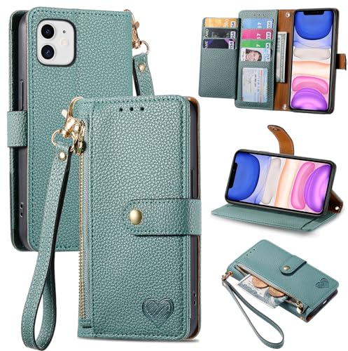 VEEMOS Zipper Wallet Case for Apple iPhone 11 Phone Case with Purse Card Holders RFID Blocking Leather Flip Case Book Cover Wrist Strap Women - Green