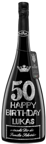 personalisierte Prosecco Flasche 3 l verziert mit Strass Steine - das perfekte Geburtstagsgeschenk Motiv: Lukas 50