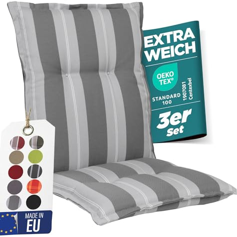 gardisun Gartenstuhlauflagen Niedriglehner, 3er Set Anthrazit Streifen | Extra Dicke Sitzauflagen, Made in EU, Stuhlauflagen für Niederlehner Gartenstuhl, Auflagen mit extra hoher Lichtechtheit