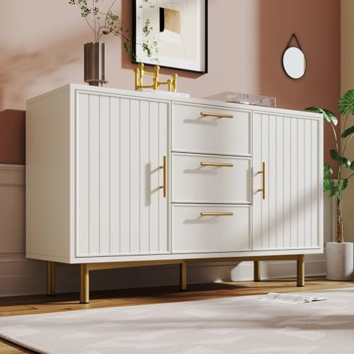 KOMHTOM Buffet minimaliste blanc avec trois tiroirs et deux portes - Armoire polyvalente pour salon, chambre à coucher, salle à manger (B)