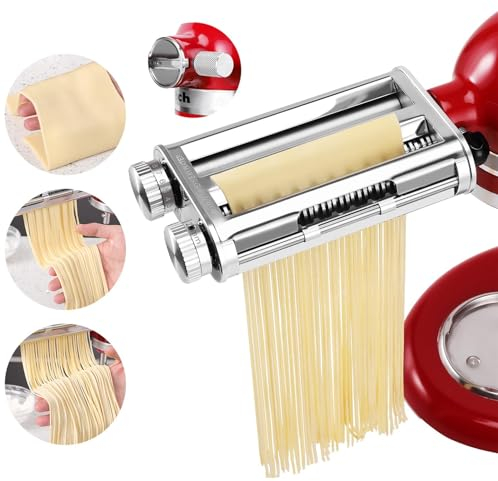FavorKit Pasta Maker Attachment 3 in 1 Set for KitchenAid Mixers Plus Hub Knob Screw Accessory Included Dough Sheet Roller, Spaghetti & Fettuccine Cutters and Cleaning Brush