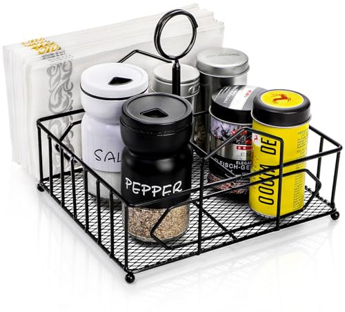 ZOOFOX Metal Napkin Holder with Salt and Pepper Shakers, 2-in-1 Condiment Holder for Table, 4 Compartment Restaurant Wrought Iron Condiment Rack for Party, Camping, Picnic