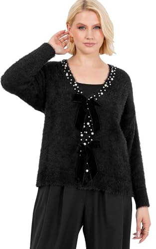 Lovedrobe Damen Women's Ladies Long Sleeve Pearl Embellished Velvet Bow Knitwear Smart Casual Office Wear Popper Buttons Cardigan Sweater
