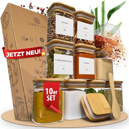 LuxPure Gewürzgläser Set 10-teilig [Glas mit Holzdeckel] - Luftdichte, stapelbare Gewürz Glasbehälter + Etiketten & Dosierlöffel - Spice Jars eckig, Bambusdeckel, Dressing Gläser beschriftet