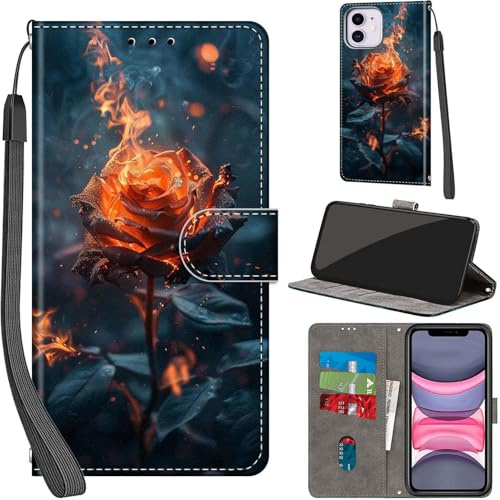 PHINIENLAND Handyhülle für iPhone 11 Klapphülle Leder Wallet Flamme | 3 Kartenfächer & 1 Geldfach, Magnetverschluss, Ständerfunktion, robuste premium PU leder klapphülle für iPhone 11